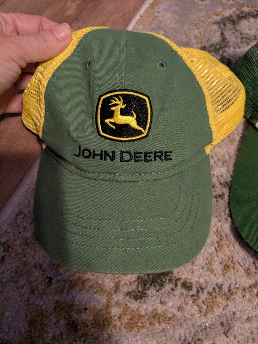 A Trio Of John Deere Kids Green, White and Yellow Patch Cap